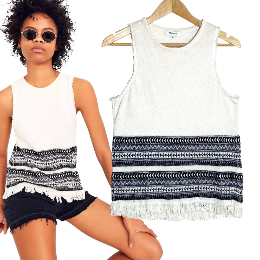 Madewell Factory Distressed Villagrove Sweater Tank Cotton Ivory Fringe Hem Sz M